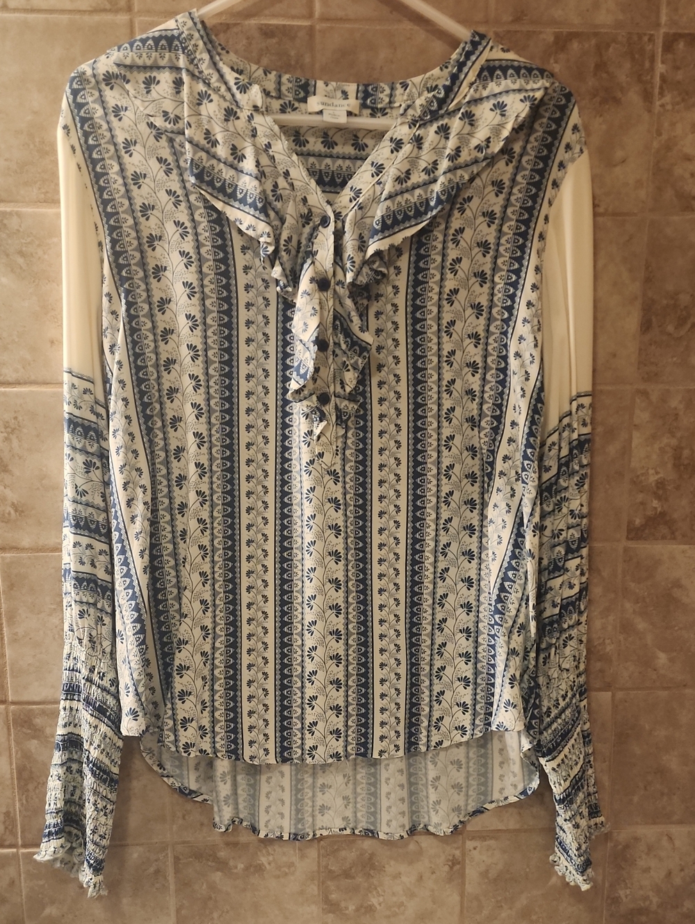 Sundance Blue and White Printed Ruffle Neck Blouse
